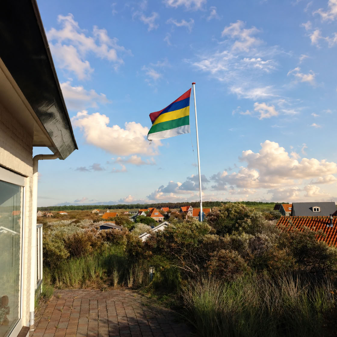 Een pittoresk houten huisje in Denemarken, omringd door een levendige zomerweide.